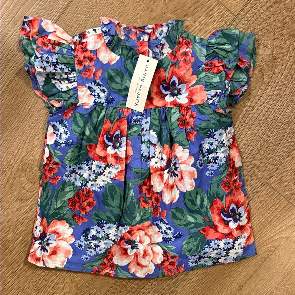 Size 5 Janie and Jack Blue Floral Flutter Sleeve Blouse with Red & Green Accents